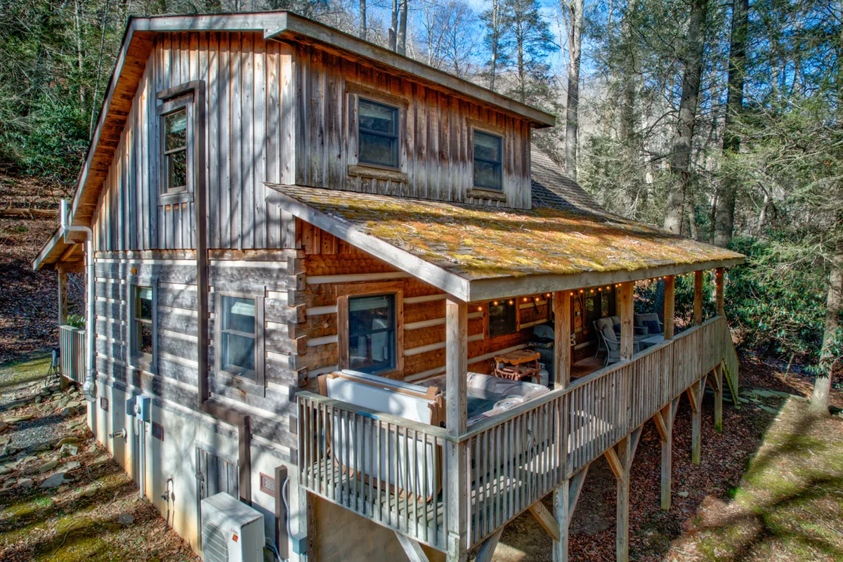 A wooden structure with a peaceful porch seating area, surrounded by lush greenery and forest. The porch invites relaxation and the backdrop suggests wildlife spotting and nature discovery.